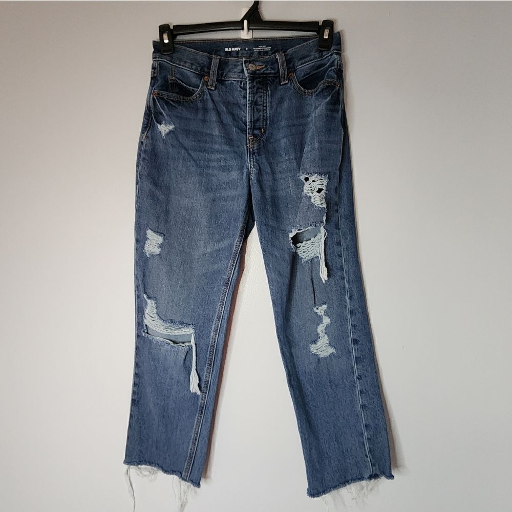 Old Navy Distress High Rise Slouchy Straight Cropped Jeans Size 2 Button Raw Hem